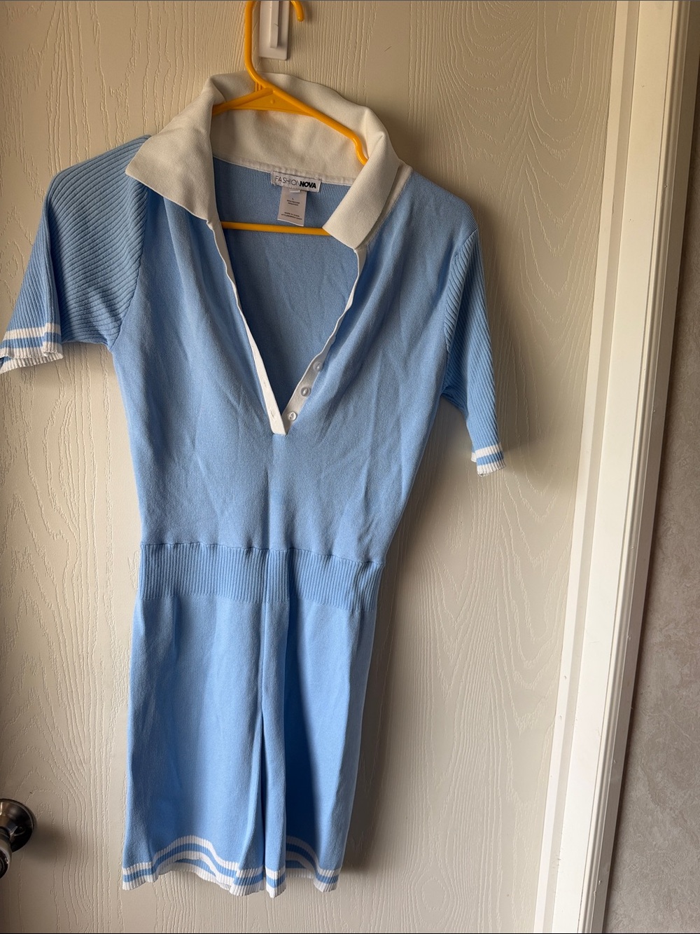 Fashion Nova Light Blue and White Knit Romper